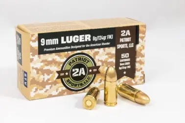 Patriot Sports LLC P9MM124F 9mm Luger 124 GR FMJ ammunition, 50-round box for training and target practice.