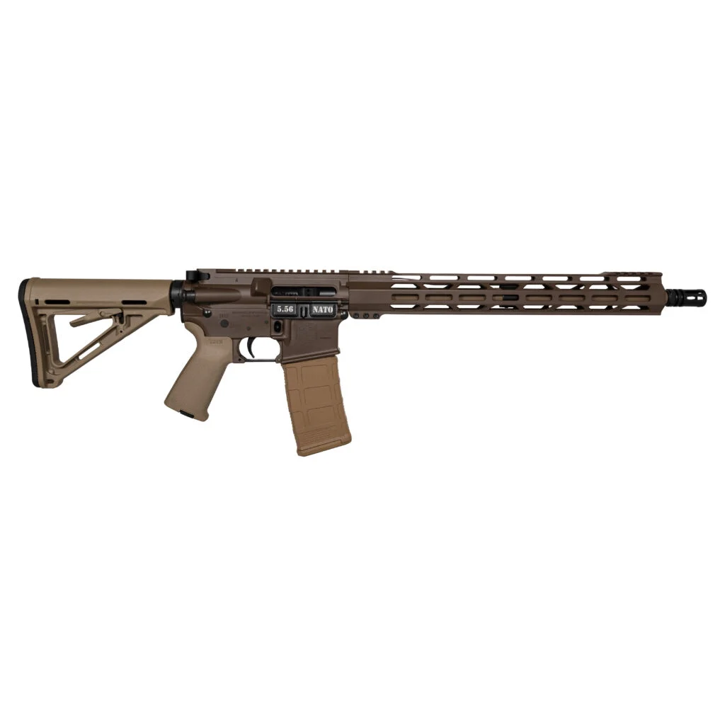 Diamondback DB15 5.56 NATO rifle with 16″ barrel, Flat Dark Earth Cerakote finish, and M-LOK handguard