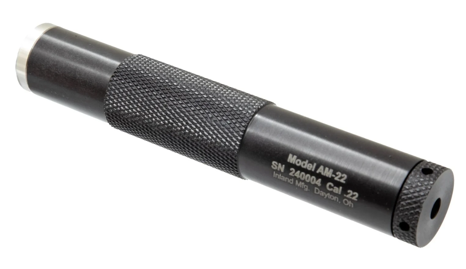 Inland AM‑22 rimfire suppressor in black aluminum with stainless steel base, ½×28 direct-thread