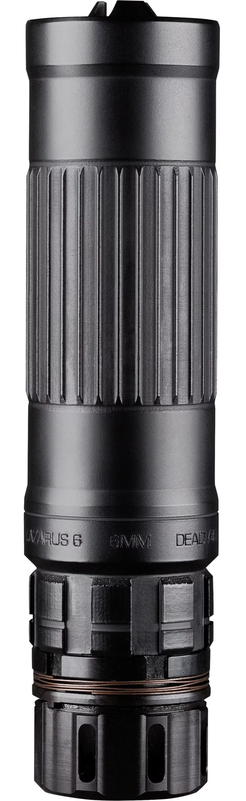 Dead Air Armament Lazarus 6 – 6mm silencer with black Cerakote finish, featuring a 5.89-inch length, 1.63-inch diameter, and constructed from Haynes 282 alloy.