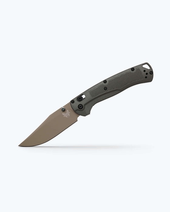 Benchmade Taggedout folding knife with 3.50" Elmax clip-point blade, tan Cerakote finish and Deep Olive Grivory handle, part number 15536TN-02