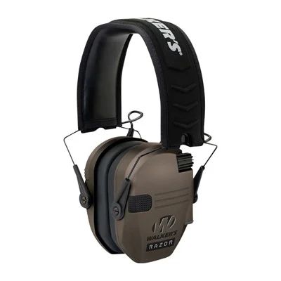 Walker's Razor Slim Electronic Earmuffs in Flat Dark Earth color, featuring ultra-low profile ear cups and sound-activated compression.