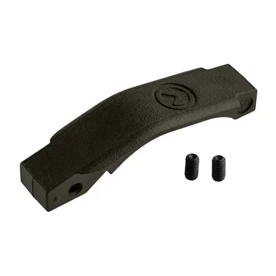 Magpul MOE Enhanced Trigger Guard in OD Green installed on an AR-15 lower receiver, highlighting its ergonomic design and color.