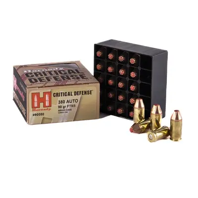 Hornady Critical Defense .380 ACP 90 Grain FTX® ammunition with Flex Tip® technology, optimized for reliable self-defense performance.