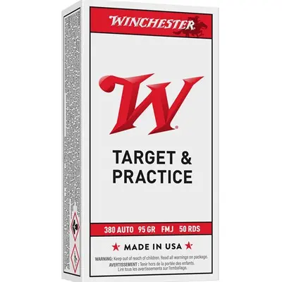 Winchester .380 Auto 95 GR FMJ ammunition for target practice and training, 50-round box.