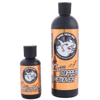 Bore Tech Cu+2 Copper Remover in a 4 oz bottle, designed for rapid and complete removal of copper fouling from firearm bores.