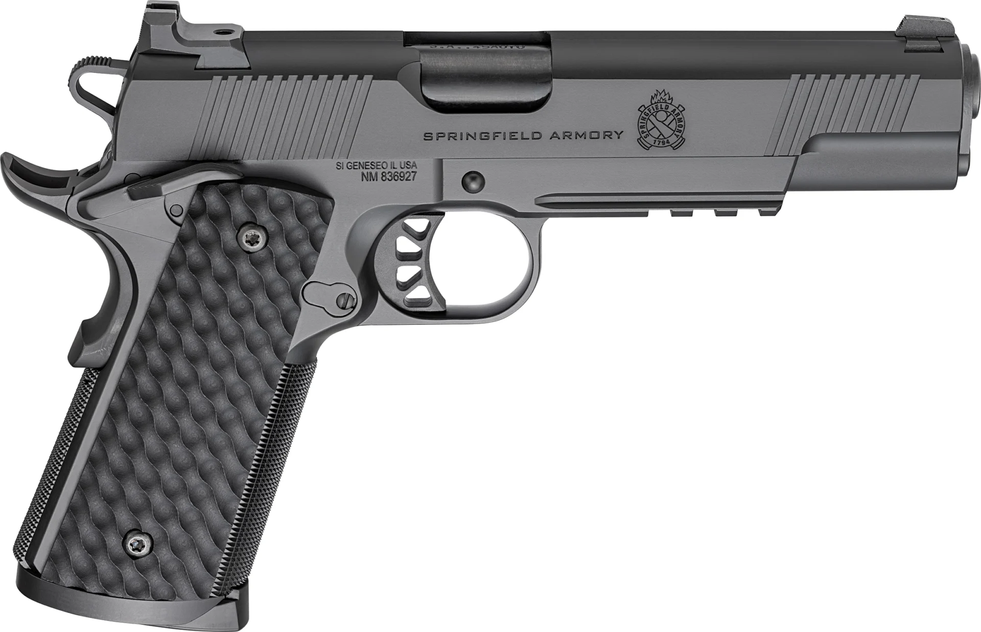 Springfield Armory 1911 TRP full-size .45 ACP pistol with 5″ barrel, black Cerakote finish, Picatinny rail, and VZ Hydra G10 grips