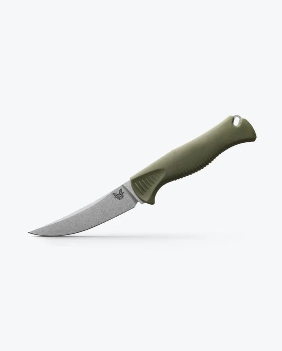 Benchmade Meatcrafter 15505 fixed-blade knife with olive Santoprene handle and satin trailing-point blade