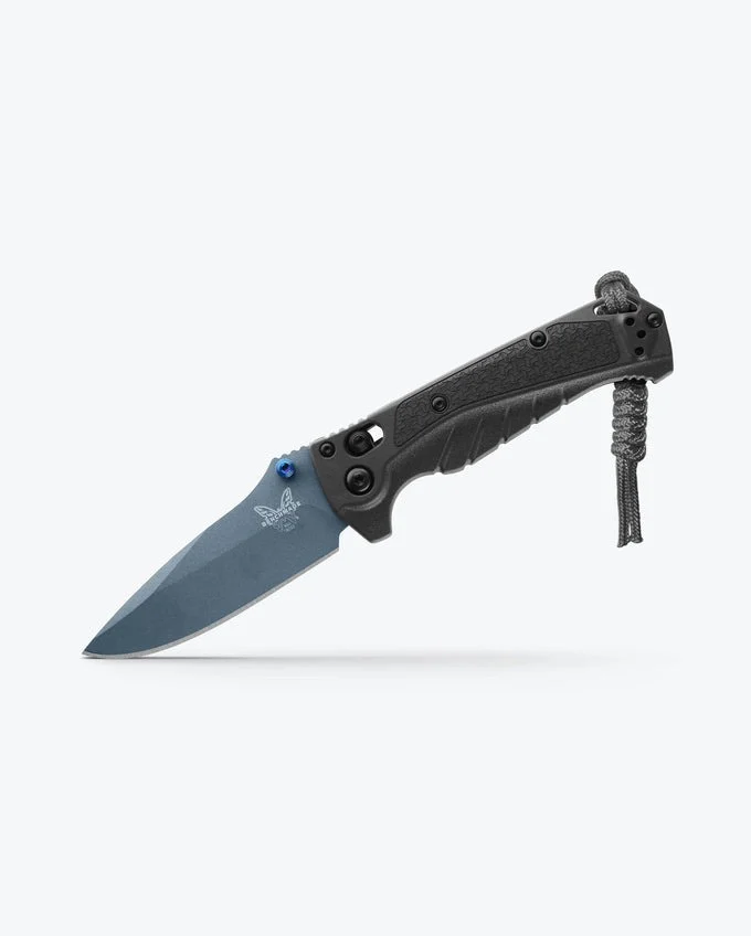Benchmade Mini Adira 18065BT-01 folding knife with 3.88-inch CPM-MagnaCut blade, Tempest Gray Grivory handle, and blue Cerakote finish.