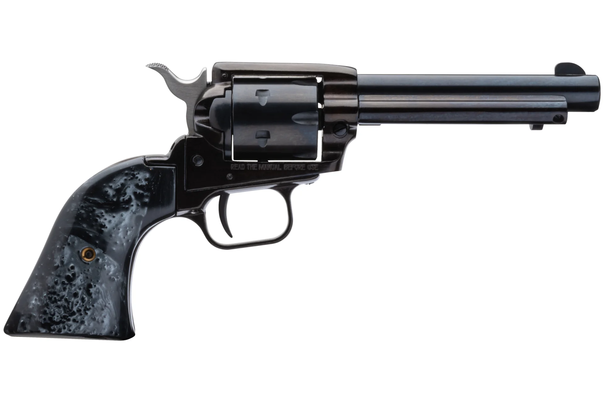 Heritage Rough Rider .22 LR revolver with 4.75-inch blued barrel, black pearl grips, exposed hammer, and 6-shot cylinder