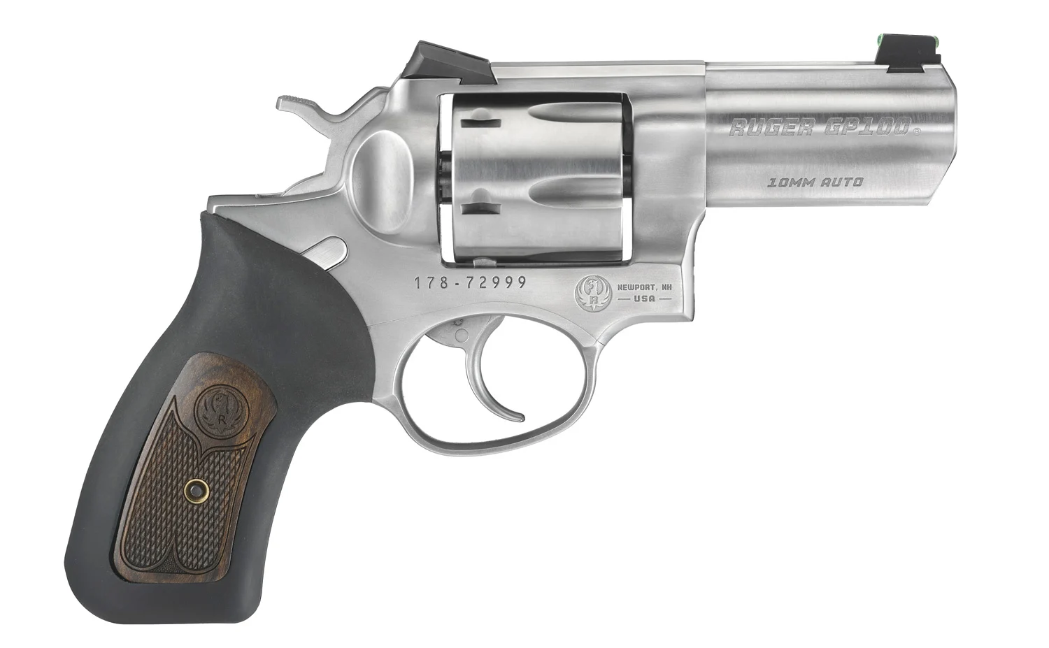 Ruger GP100 Wiley Clapp revolver chambered in 10mm with 3-inch stainless steel barrel, Novak sights, and 6-round cylinder