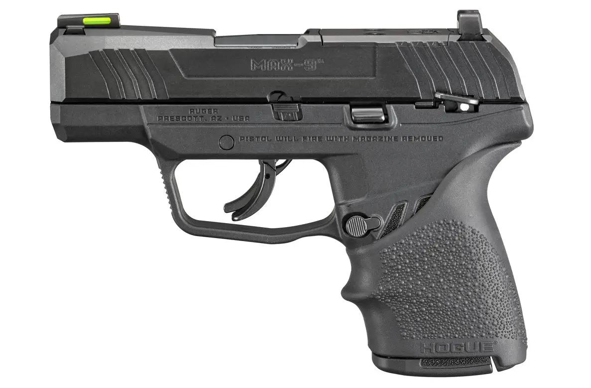 Ruger MAX-9 9mm pistol with 3.2-inch barrel, black finish, 10-round magazine, Hogue grip sleeve, and Massachusetts compliance