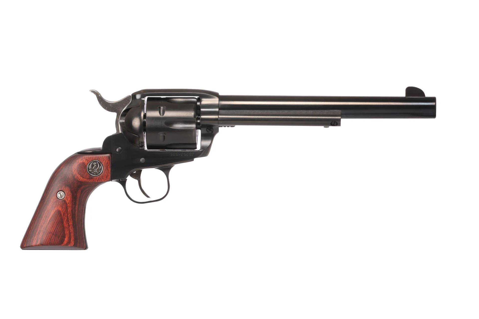 Ruger New Vaquero single-action revolver in .357 Magnum with 7.5-inch blued barrel, hardwood grips, and fixed sights