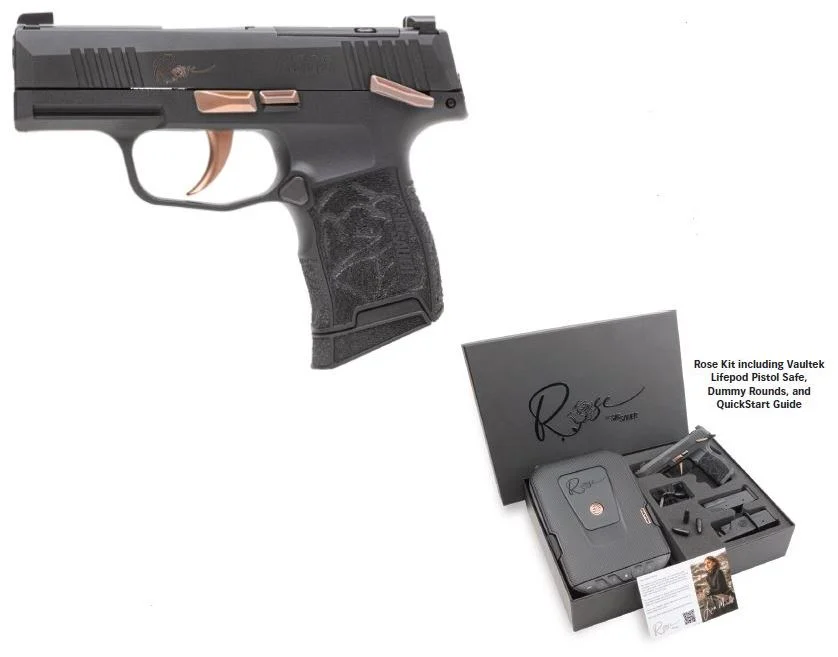 SIG Sauer P365 ROSE .380 ACP pistol with 3.1-inch barrel, matte rose gold accents, black grip module, and 10-round magazine
