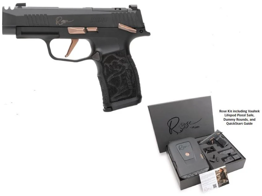 SIG Sauer P365XL ROSE 9mm pistol with 3.1-inch barrel, matte rose gold accents, black grip module, and 10-round magazine