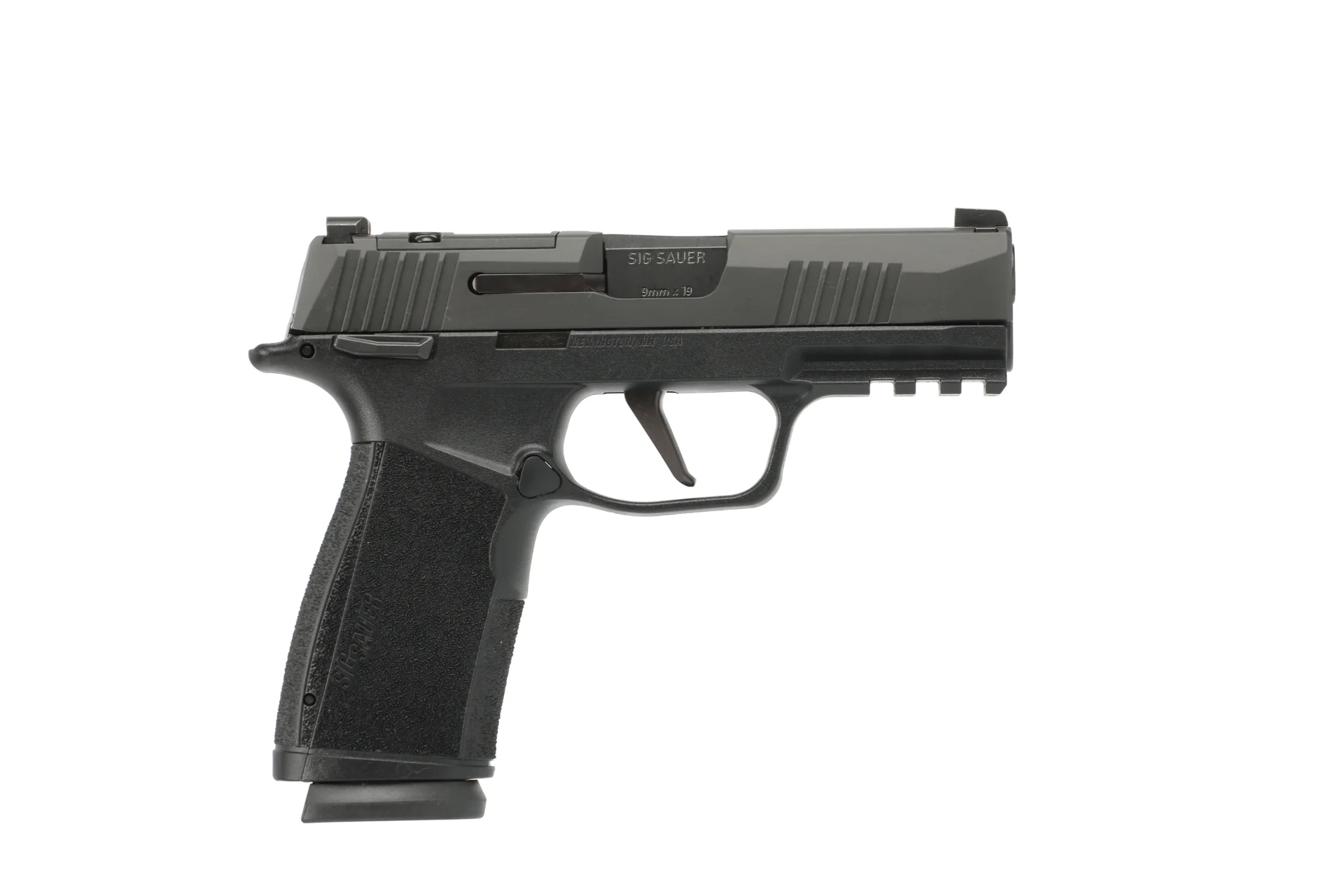 SIG Sauer P365X-MACRO 9mm pistol with 3.7-inch barrel, manual safety, black grip module, and 17-round magazine