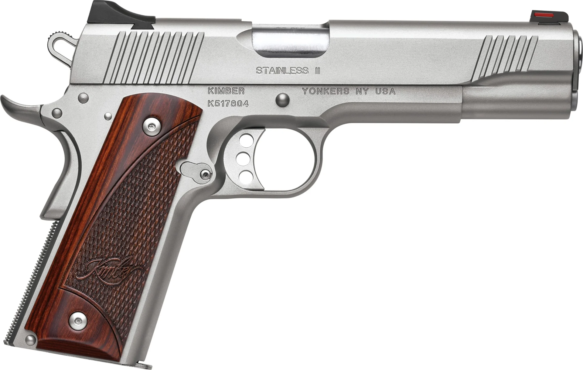 Kimber Stainless II .45 ACP 1911 pistol with 5-inch barrel, stainless steel finish, and rosewood grips.
