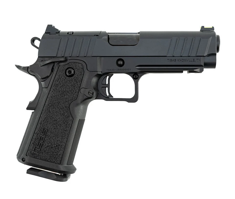 Tisas 1911DS Carry 9mm pistol with 4.25-inch barrel, black Cerakote finish, optics-ready slide, double-stack 17+1 capacity, and Novak-style 3-dot sights