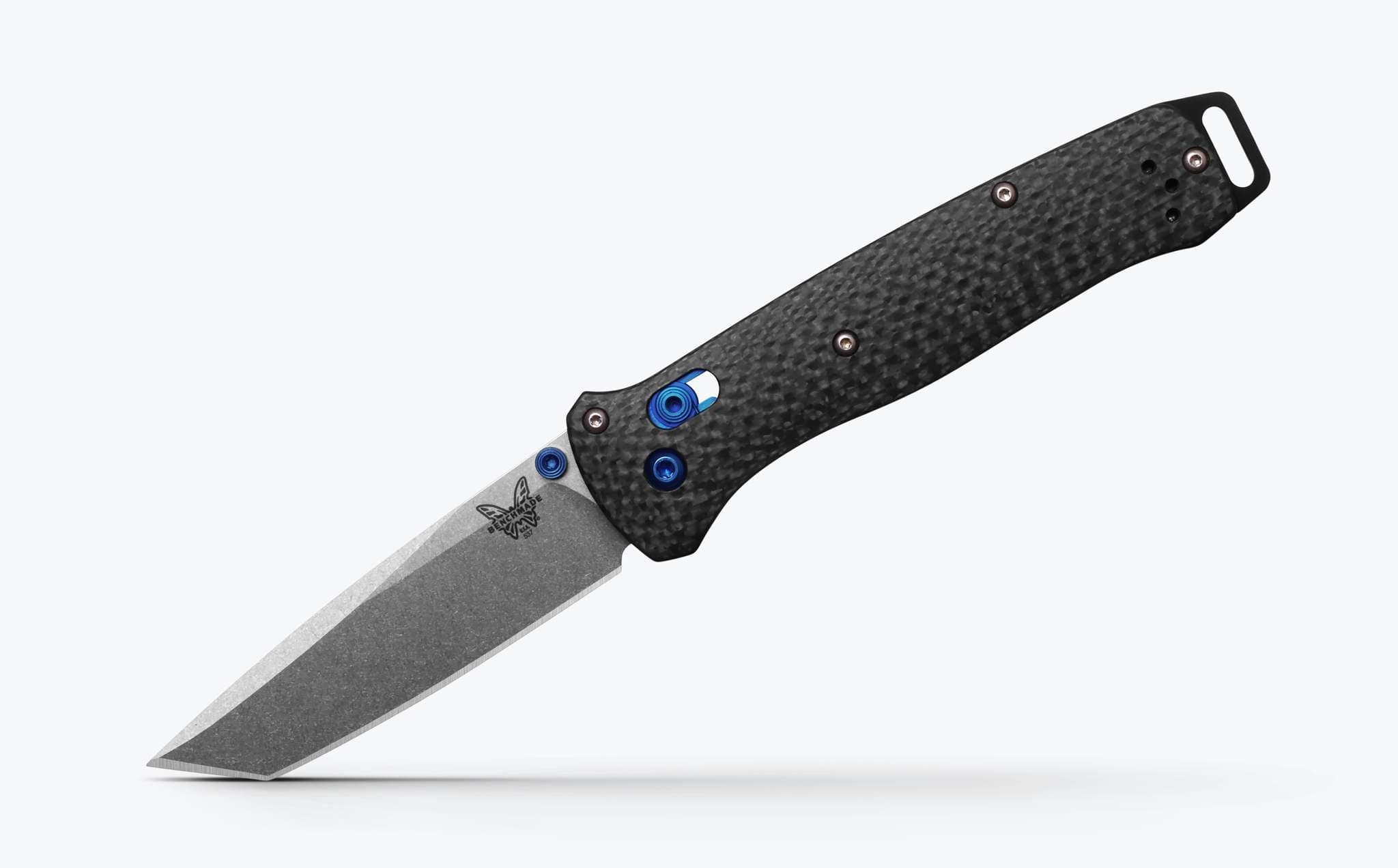 Benchmade Bailout folding knife with 3.38" stonewashed M390 tanto blade, carbon fiber handle, sapphire-blue hardware, part number 537-09.