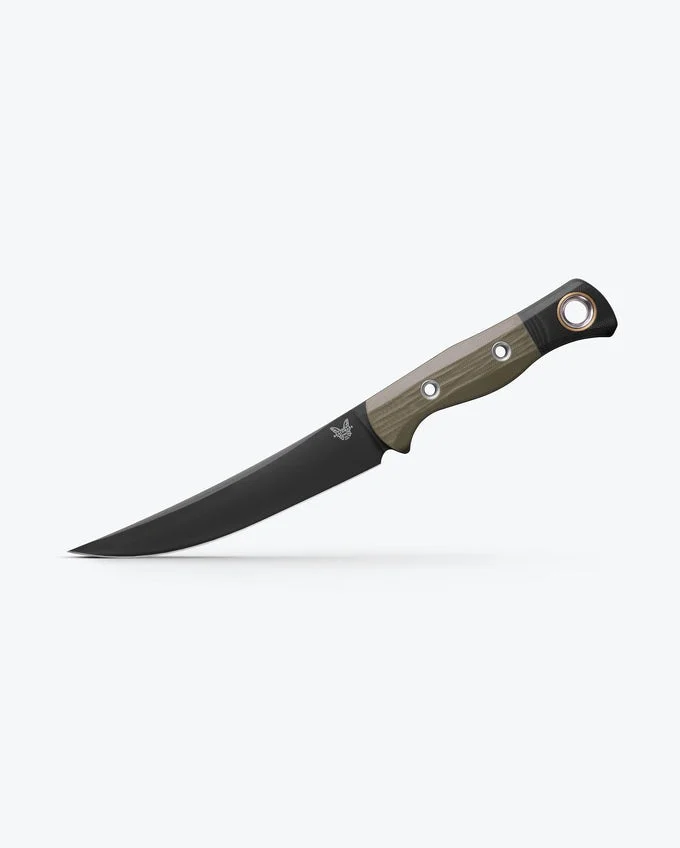Benchmade Meatcrafter 4050BK-01 fixed-blade knife featuring a 6.14-inch CPM-154 trailing point blade with black DLC finish, OD Green G10 handle, and orange anodized lanyard ring.