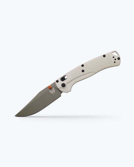 Benchmade Taggedout folding knife with 3.50" Elmax forest green Cerakote clip-point blade and tan Grivory handle, part number 15536GN-01.